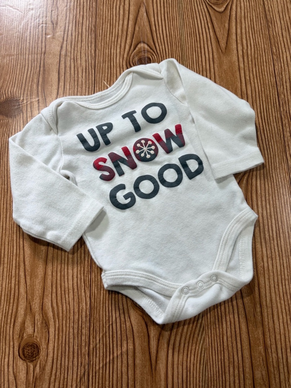 7/$20 Chick Pea White "Up To Snow Good" Long-Sleeve Baby One-Piece Onesie Cotton